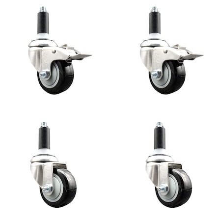 Service Caster 3 Inch 316SS Black Poly Swivel 1 Inch Expanding Stem Caster Lock Brake, 2PK SS316TTLEX20S314-PPUB-BLK-2-S-2-1